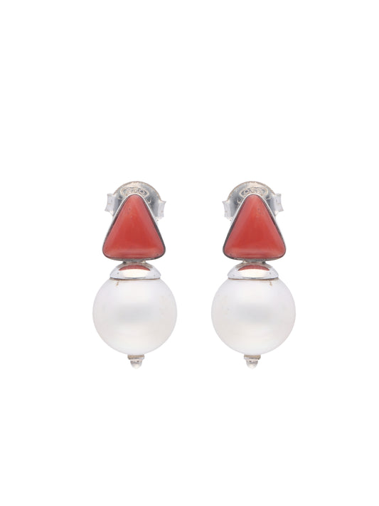 Elegant Triangular Red Coral and Oval White Pearl Silver Earrings