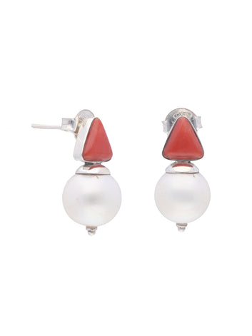 Elegant Triangular Red Coral and Oval White Pearl Silver Earrings