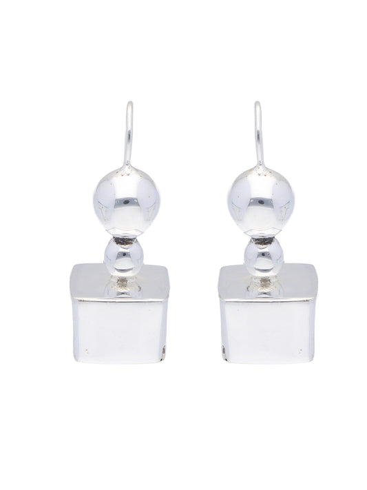 Sleek Geometric Silver Drop Earrings with Spherical and Square Elements