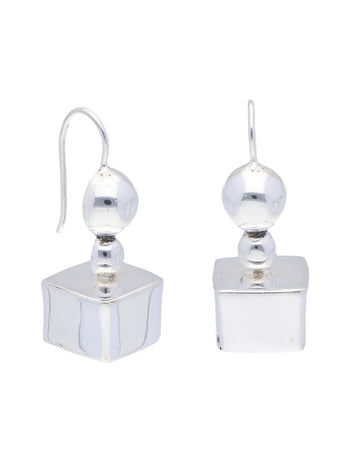 Sleek Geometric Silver Drop Earrings with Spherical and Square Elements