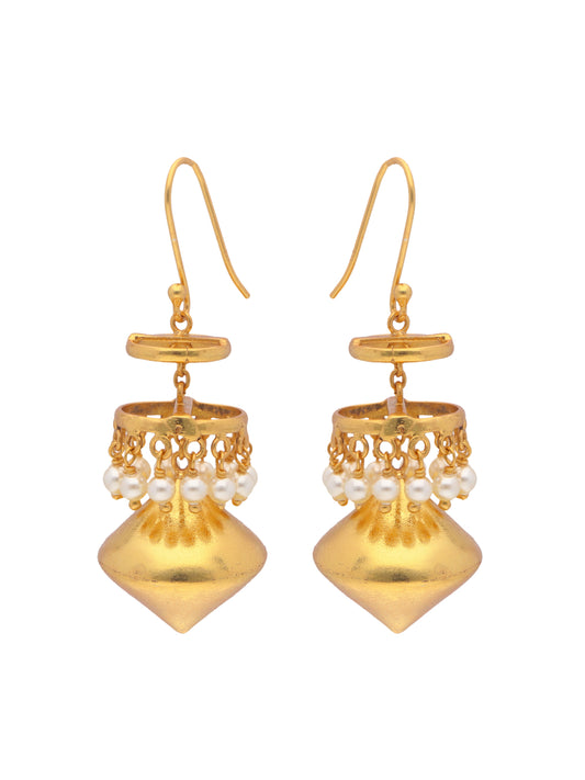 Gold-Plated 925 Sterling Silver Dangling Earrings with Ornate Pearl Accents