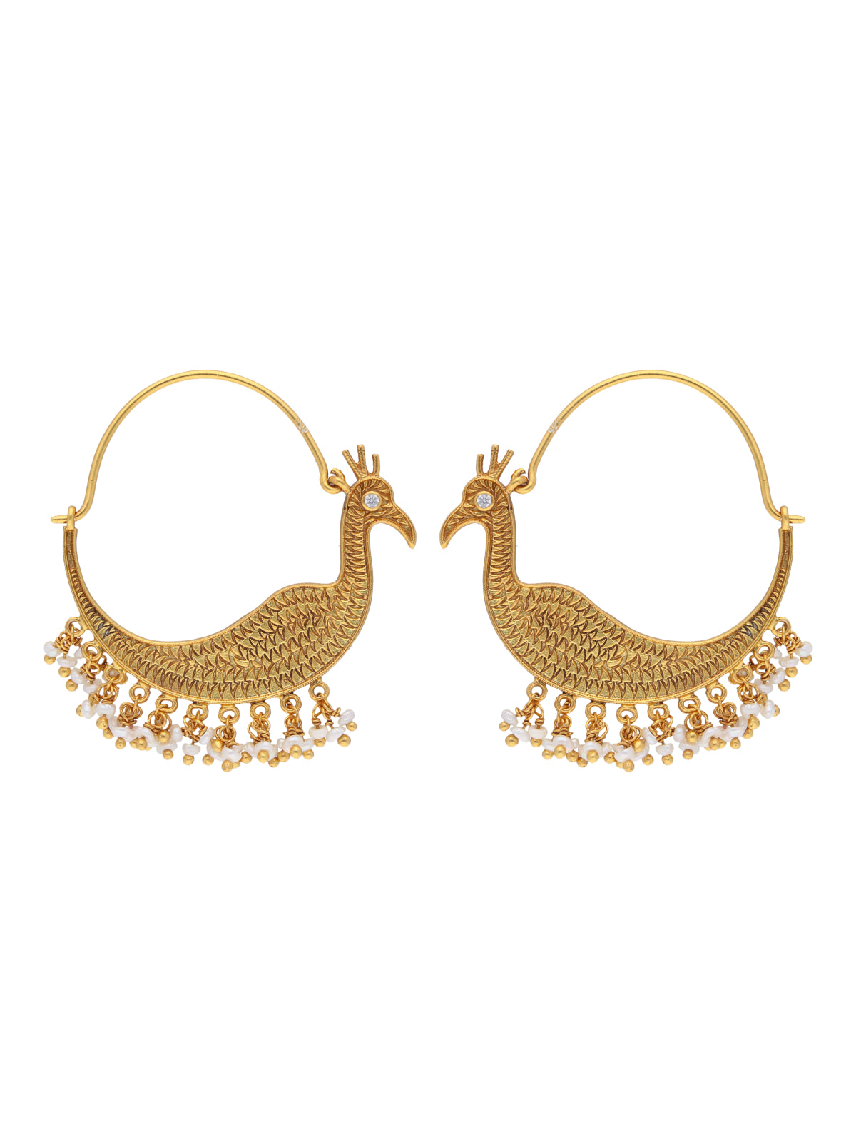 Gold-Plated 925 Sterling Silver Peacock Design Earrings with Pearl Drops