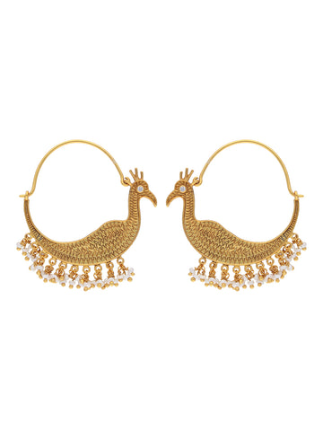 Gold-Plated 925 Sterling Silver Peacock Design Earrings with Pearl Drops