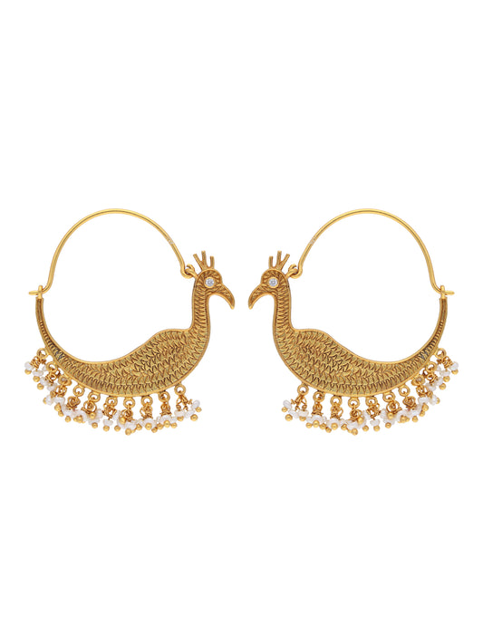 Gold-Plated 925 Sterling Silver Peacock Design Earrings with Pearl Drops