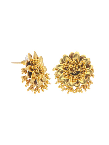 Gold-Plated 925 Sterling Silver Floral Cluster Earrings with Beaded Accents