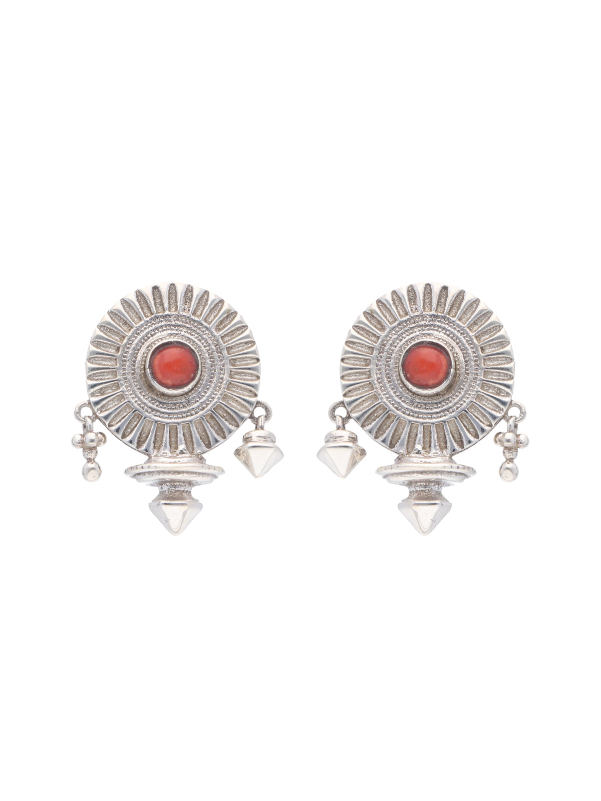 Antique-Style 925 Sterling Silver Earrings with Coral Inlay and Dangling Accents