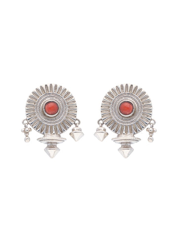 Antique-Style 925 Sterling Silver Earrings with Coral Inlay and Dangling Accents