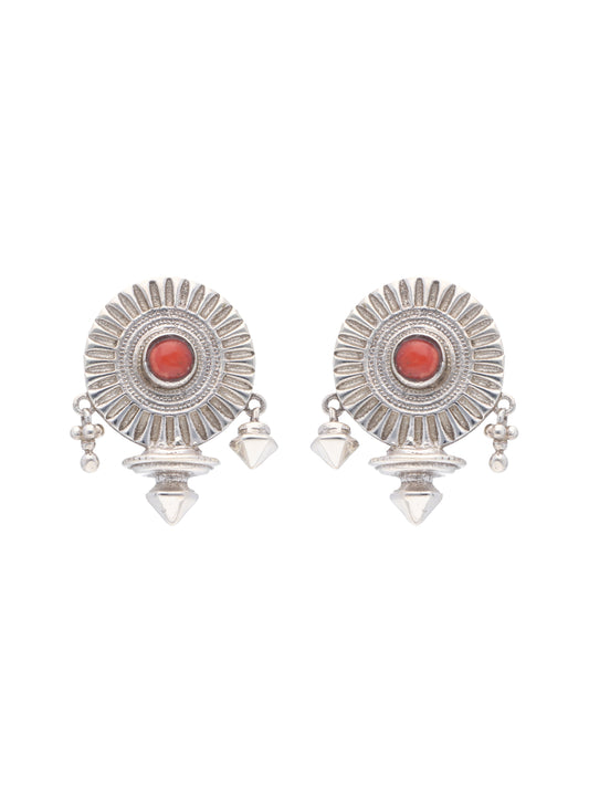 Antique-Style 925 Sterling Silver Earrings with Coral Inlay and Dangling Accents