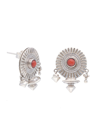 Antique-Style 925 Sterling Silver Earrings with Coral Inlay and Dangling Accents