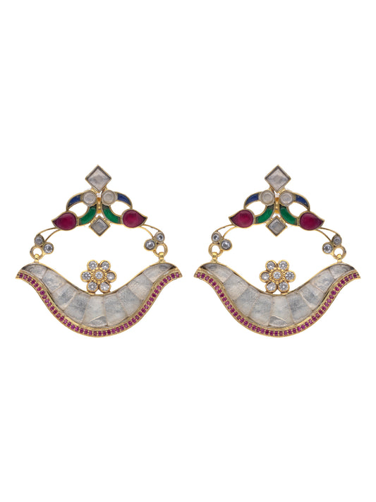 Gold-Plated 925 Sterling Silver Chandbali Earrings with Colorful Gemstone Inlays