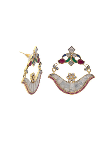 Gold-Plated 925 Sterling Silver Chandbali Earrings with Colorful Gemstone Inlays