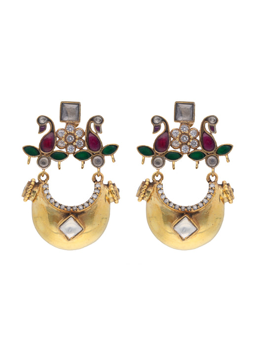 Gold-Plated 925 Sterling Silver Peacock-Inspired Earrings with Gemstone Accents