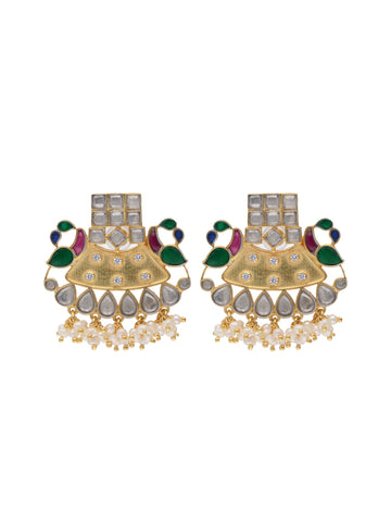 Gold-Plated 925 Silver Peacock Earrings with Semi-Precious Stones and Pearl Droplets