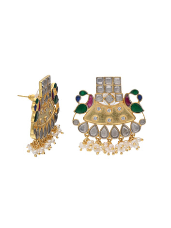 Gold-Plated 925 Silver Peacock Earrings with Semi-Precious Stones and Pearl Droplets