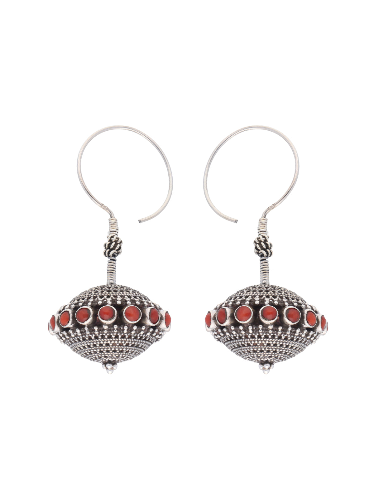 Traditional 925 Silver Dangling Earrings with Red Coral Stones