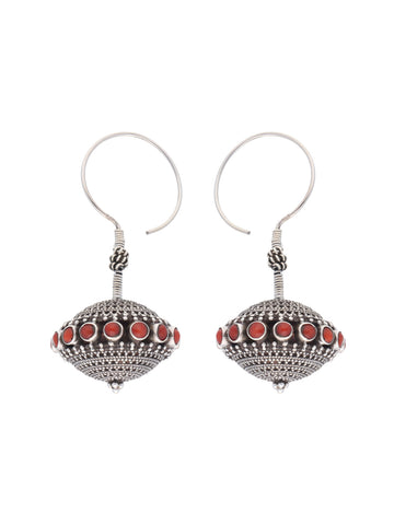 Traditional 925 Silver Dangling Earrings with Red Coral Stones