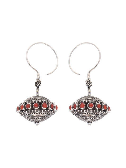 Traditional 925 Silver Dangling Earrings with Red Coral Stones