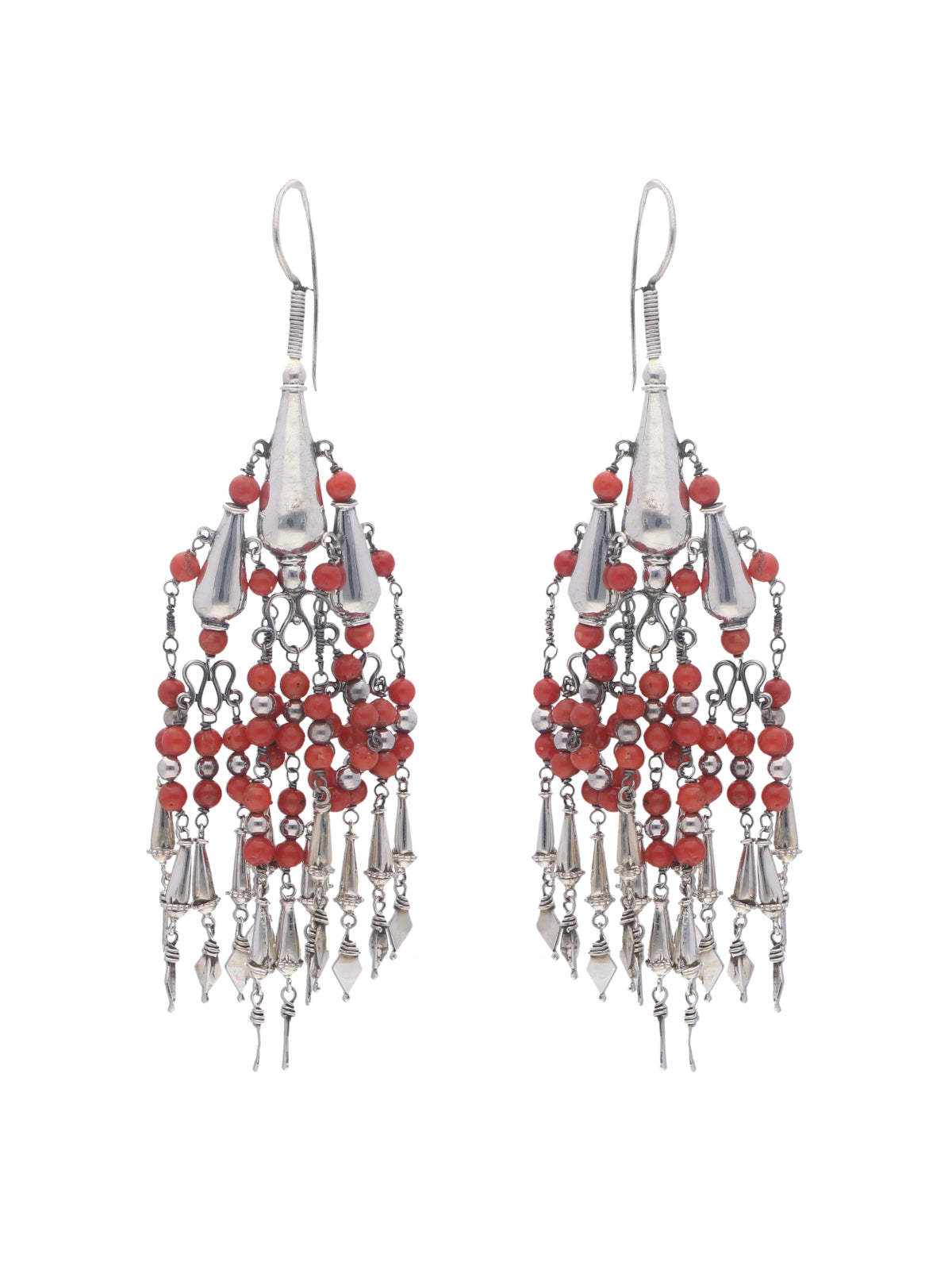 Dangling Red Coral and Sterling Silver Chandelier Earrings with Intricate Charms