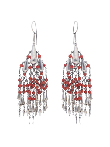 Dangling Red Coral and Sterling Silver Chandelier Earrings with Intricate Charms