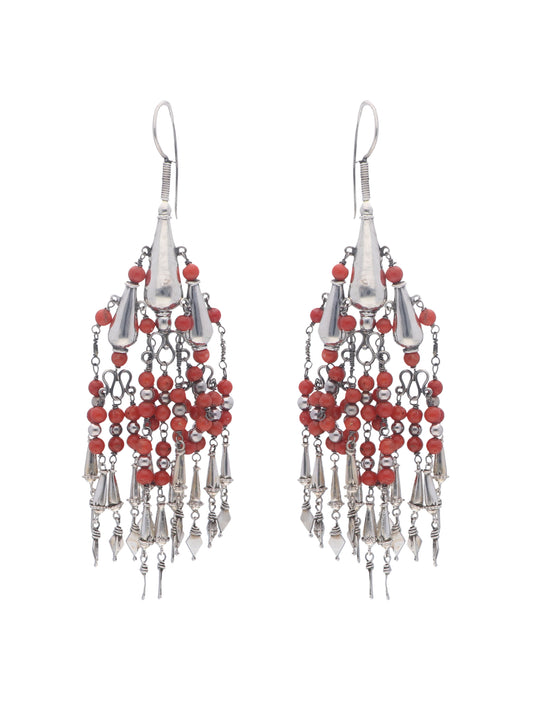 Dangling Red Coral and Sterling Silver Chandelier Earrings with Intricate Charms