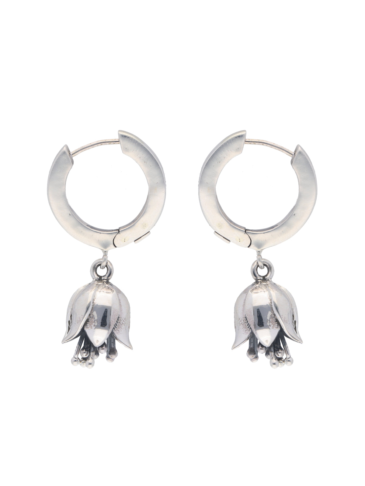 Sterling Silver Hoop Earrings with Delicate Lotus Bell Charm