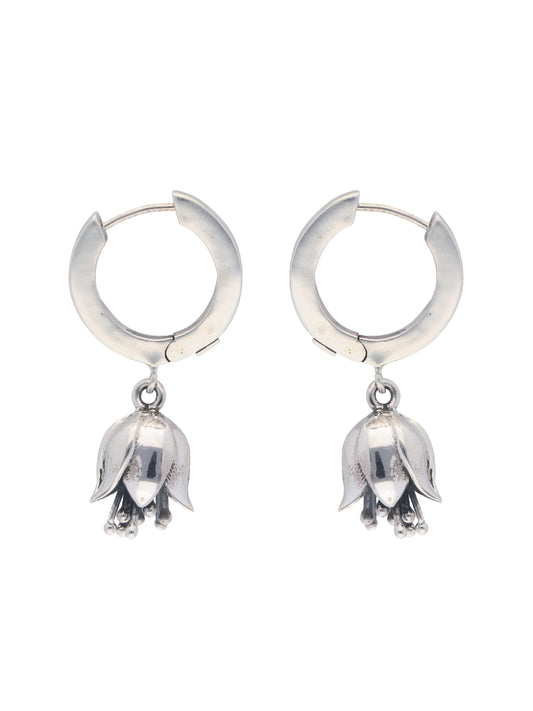 Sterling Silver Hoop Earrings with Delicate Lotus Bell Charm