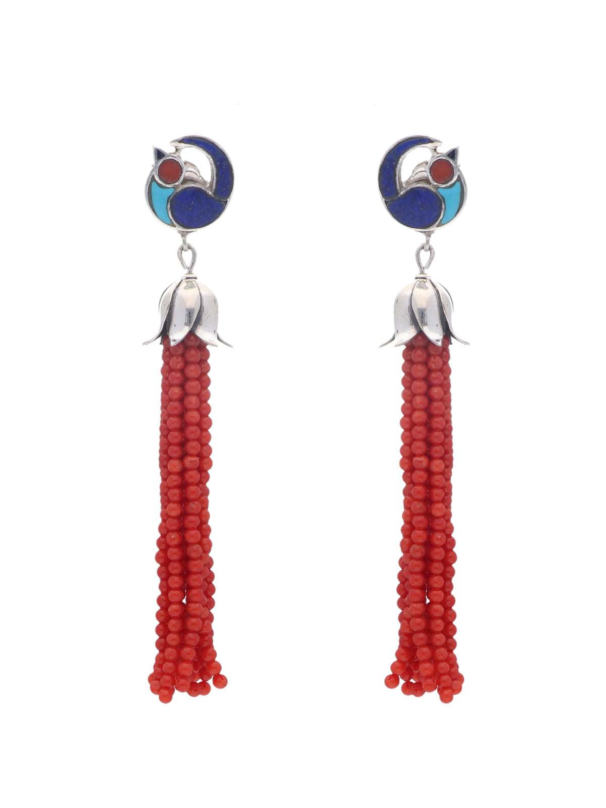 Bird Motif Coral Tassel Earrings