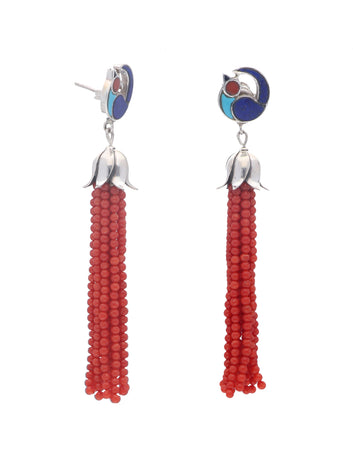 Bird Motif Coral Tassel Earrings