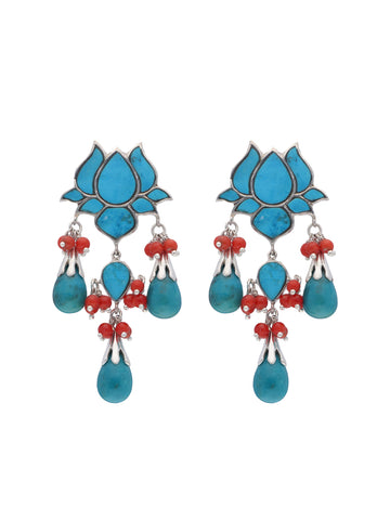 Lotus Motif Turquoise & Coral Dangle Earrings