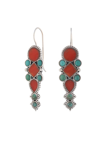 Geometric Coral & Turquoise Earrings