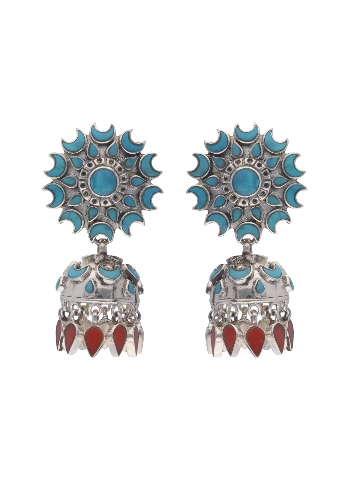 Turquoise & Coral Sunburst Jhumkas