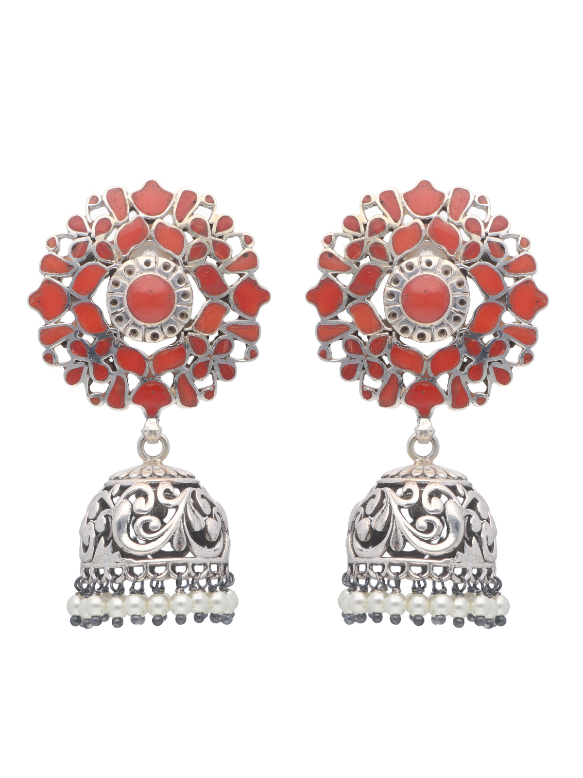 Red Coral Filigree Jhumkas