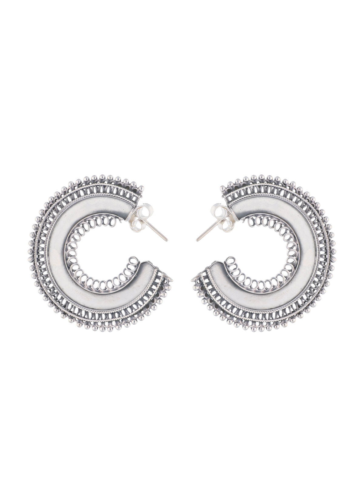 Sterling Silver Crescent Hoop Earrings with Ornate Beaded Detailing