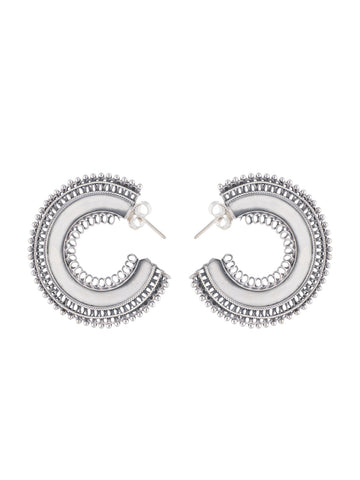 Sterling Silver Crescent Hoop Earrings with Ornate Beaded Detailing