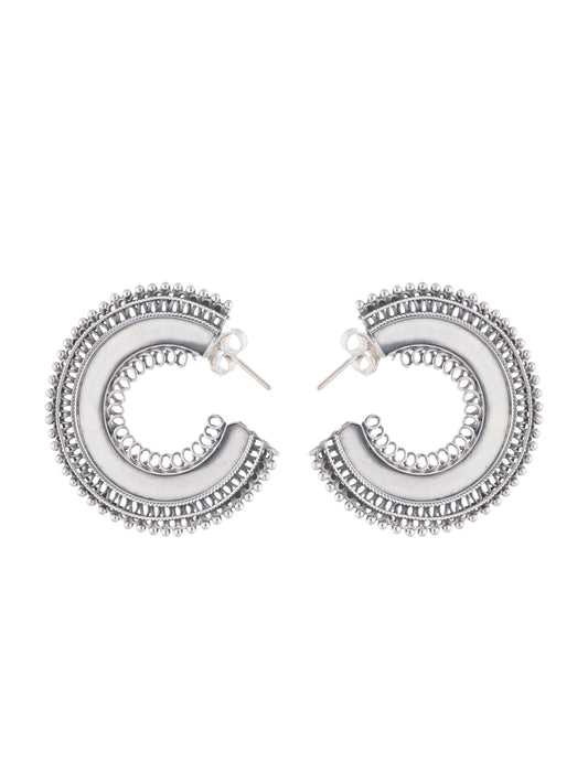 Sterling Silver Crescent Hoop Earrings with Ornate Beaded Detailing