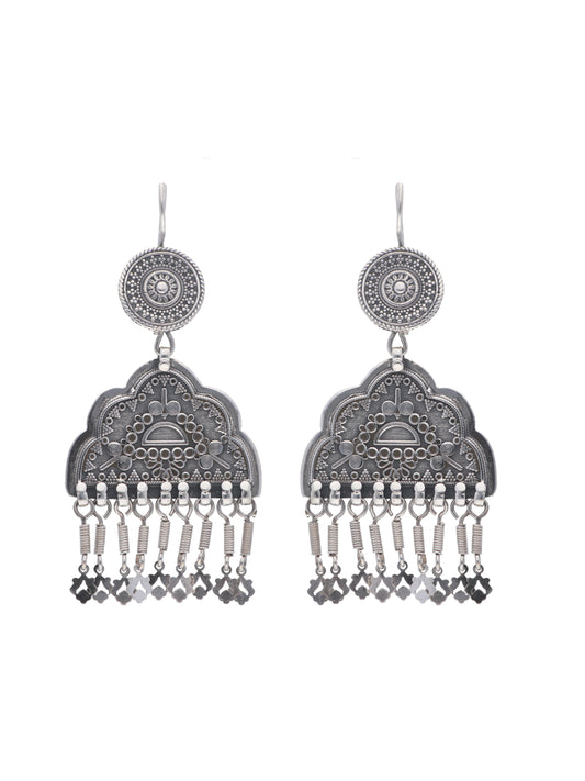 Ornate Sterling Silver Jhumka Earrings with Intricate Detailing and Dangling Charms