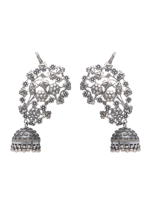 Intricate Floral Sterling Silver Jhumka Earrings with Vine Detailing