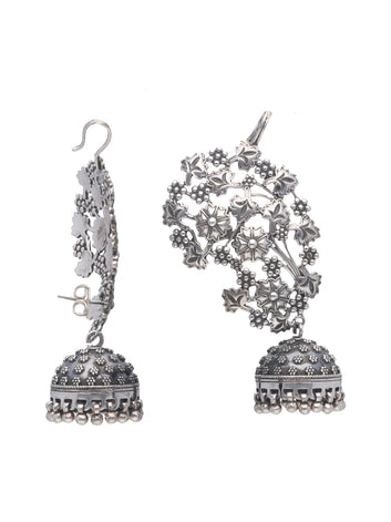 Intricate Floral Sterling Silver Jhumka Earrings with Vine Detailing