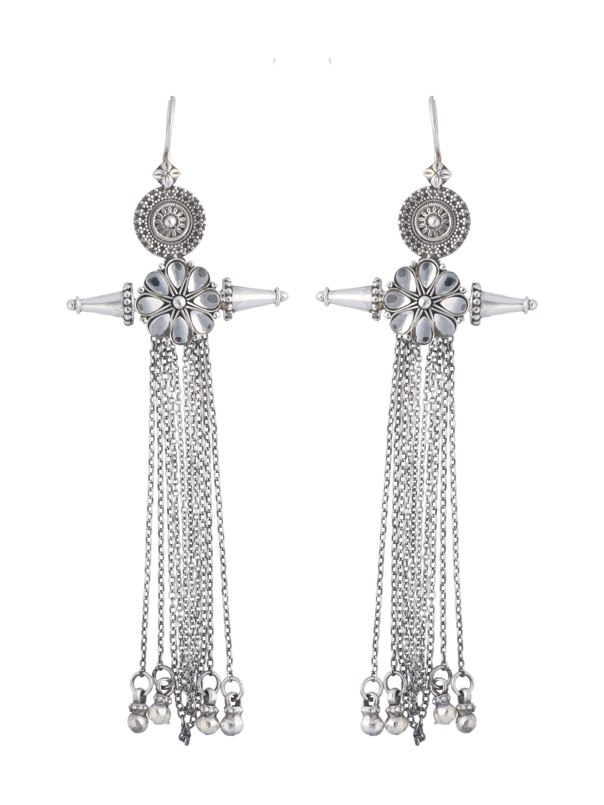 Ornate Silver Cross Tassel Earrings