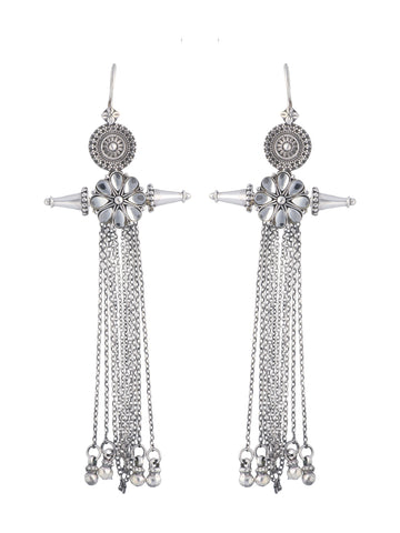 Ornate Silver Cross Tassel Earrings