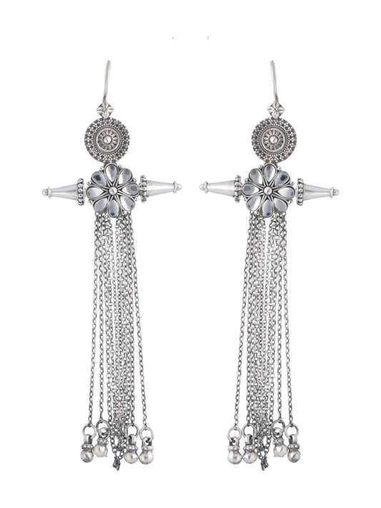 Ornate Silver Cross Tassel Earrings