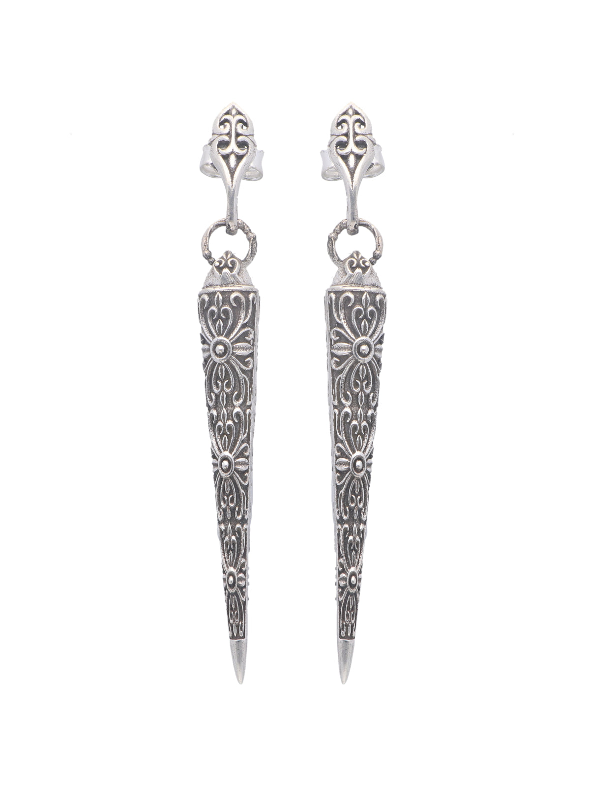 Elongated Floral Engraved Silver Earrings