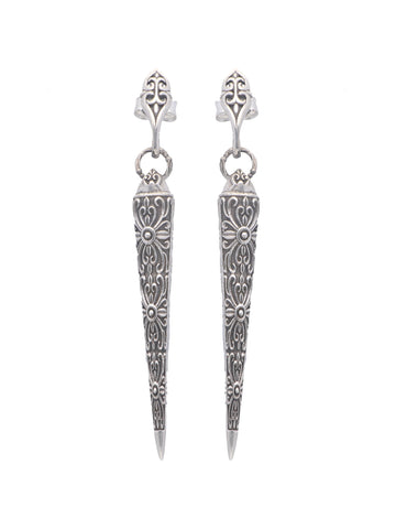 Elongated Floral Engraved Silver Earrings