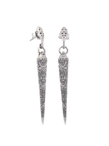 Elongated Floral Engraved Silver Earrings