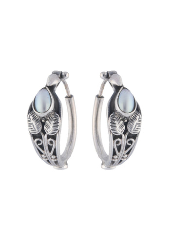 Ornate Leaf-Embellished Hoop Earrings with Mother of Pearl