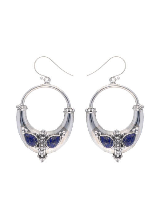 Lapis Lazuli Teardrop Embellished Sterling Silver Hoop Earrings