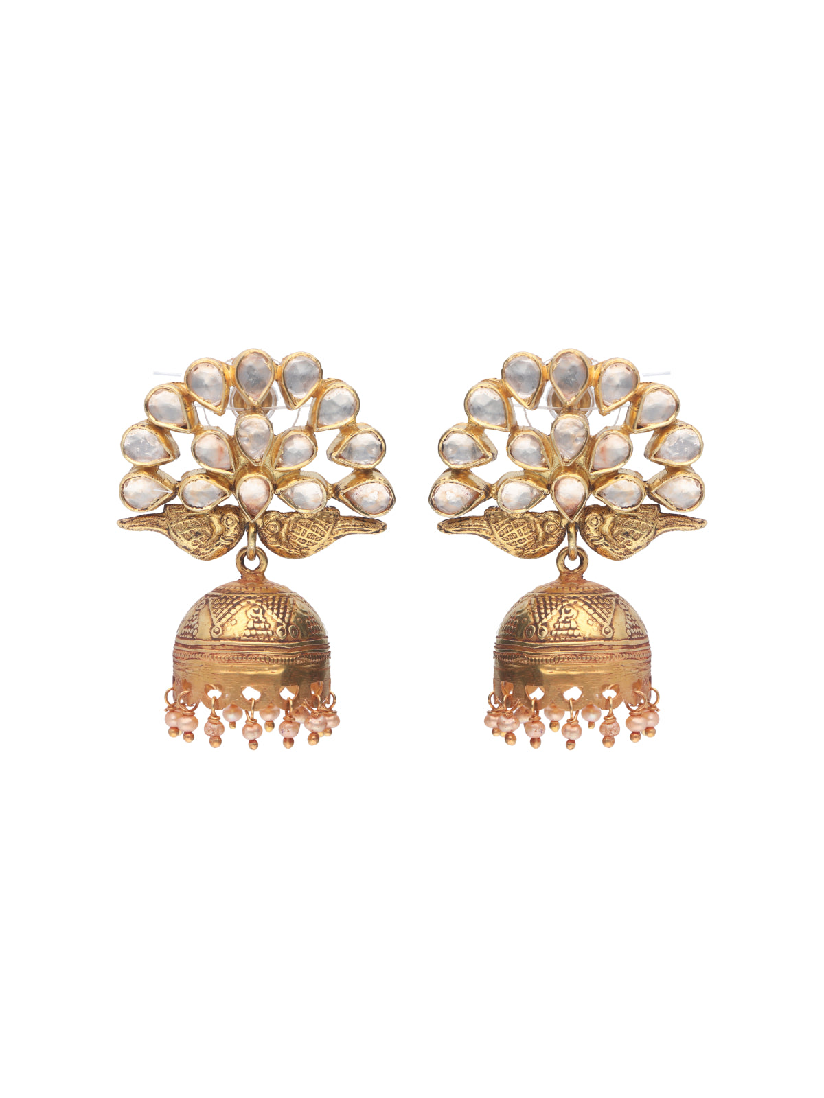 Majestic Gold Peacock Jhumka Earrings with Kundan Accents