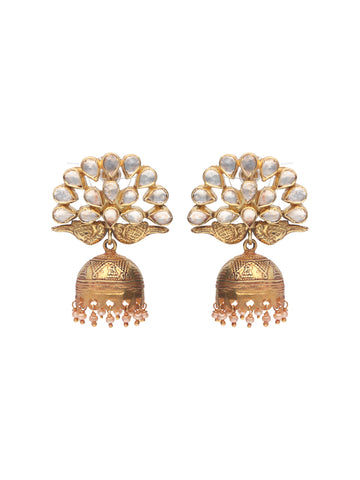 Majestic Gold Peacock Jhumka Earrings with Kundan Accents