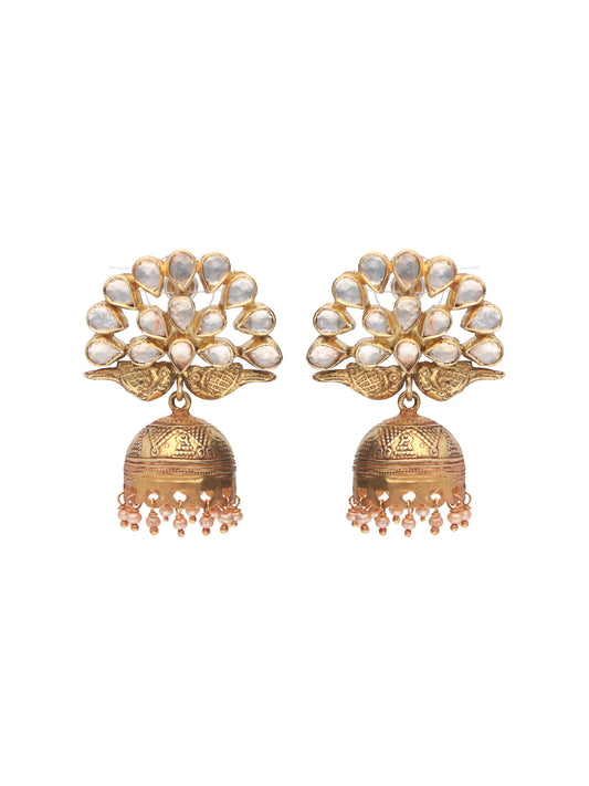 Majestic Gold Peacock Jhumka Earrings with Kundan Accents