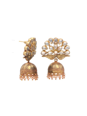 Majestic Gold Peacock Jhumka Earrings with Kundan Accents